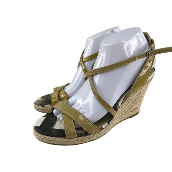 Burberry Nova Check Wedge Espadrilles US 8.5 Women's Beige Open Toe Ankle Wrap - Picture 1 of 13